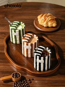 choxila 1pc Vintage Striped Hand-Painted Ceramic Mug, Creative Dual-Purpose Cup, Office Coffee Cup, Suitable For Breakfast And Afternoon Tea - Striped Ceramic Cup - View 4