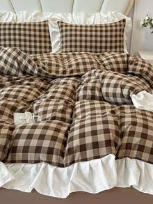 Brown Plaid Print Ruffle Edge Duvet Cover 4-Piece Set, Soft And Comfortable Bedroom Bedding Set Including 1 Duvet Cover, 1 Bed Sheet, 2 Pillowcases, No Filling, Suitable For Bedroom, Dorm, Home Use, Multiple Size Options, Back To School Dorm Decor, College Decor - Brown - View 5