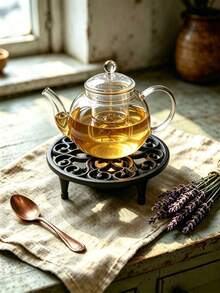 Vintage Cast Iron Teapot Warmer Hollow Scroll Pattern Portable Metal Stove Rack Suitable For Coffee Pots And Small Kitchen Utensils, Desktop Candle Heating Stand, Heat-Resistant Hot Plate Rack Home Kitchen Decor, Suitable For Dining Table Countertop - View 2