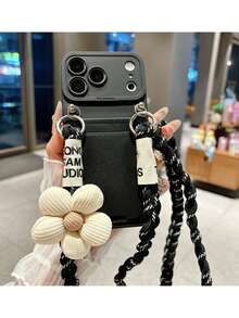 1件裝蓬蓬花編織掛繩卡套手機殼，相容 Apple 16 Pro Max、17、14、15，柔軟編織斜跨背帶卡套掛繩 - 黑色 - 查看 2