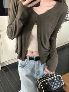 Minimalist Daily Versatile Single-Breasted Knit Cardigan, Slimming - Dark Green - View 2