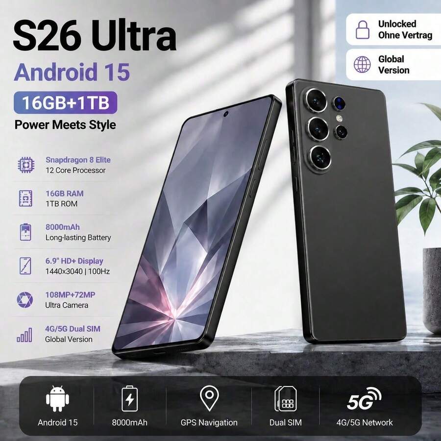 S26 Ultra Android 15 Phone EU Seller, Local Stock Fast Delivery, Unlocked Smartphone, 6.9 Inch HD+ Screen, 16GB RAM 1TB ROM, 8000mAh Battery