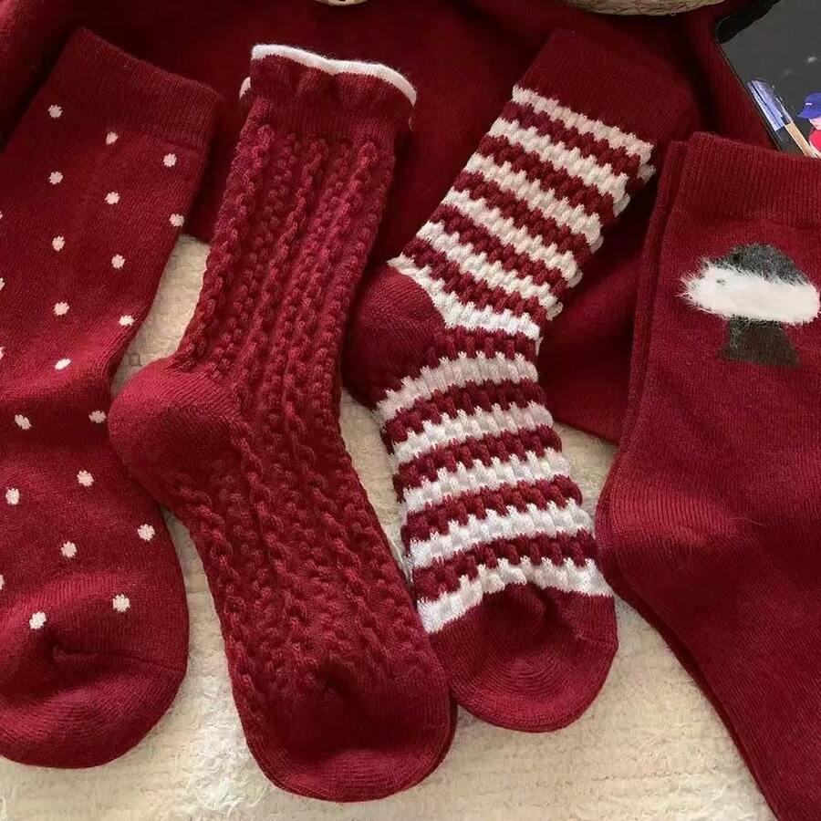 4 Pairs Mixed Random Colors Autumn/Winter Floor Socks, Warm Mid-Calf Cable Knit Vintage Red Christmas Socks - Multicolor - View 1
