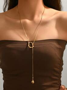 1pc Asymmetrical Geometric Metal Pendant Tassel Necklace, Women Long Sweater Chain, Minimalist New Style Adjustable Length - Gold - View 5