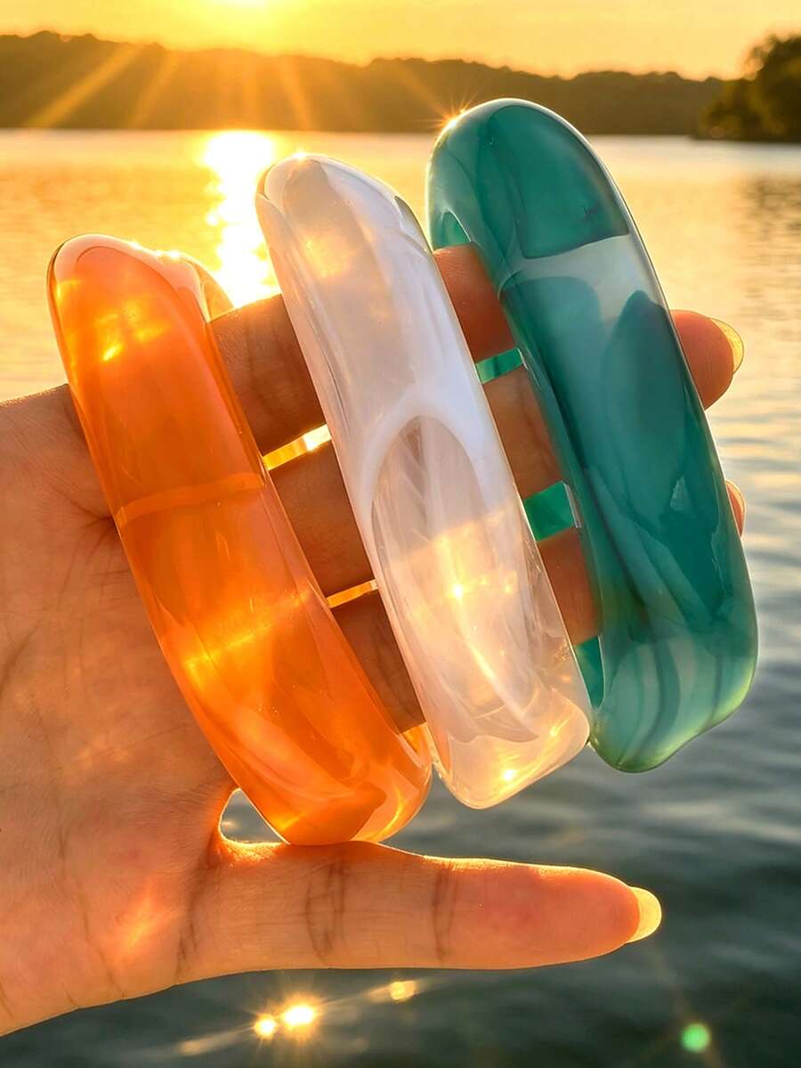 3pcs/Set Fashionable Minimalist Elegant Exquisite Vintage Design Geometric Ribbon Asymmetrical Tie-Dye Pattern Colorful Resin Exaggerated Wide Chunky Bangles Multi-Piece Set Holiday Vacation Party Date Gift Daily Commute Wear Personalized - Multicolor - View 1