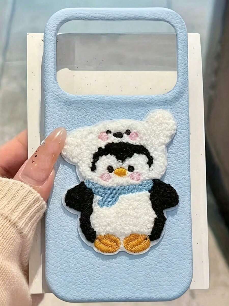 秋冬款 3D刺繡企鵝與荔枝圖案手機殼,相容 iPhone 17 Pro Max 16 15 14 13 12 Pro Max 14 15 16 Plus 11 16 15,可愛風格,送給女生的禮物 - 藍色 - 查看 1