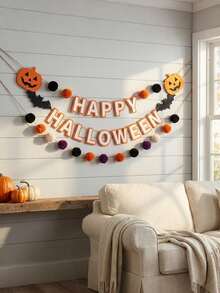 1 Set Happy Halloween Felt Banner Pumpkin Bat Pom Pom Garland Wall Hanging Decoration - View 6