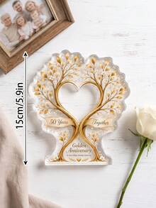 1pc Custom Text Heart Family Tree Acrylic Plaque,Personalized Golden Anniversary Tabletop Keepsake Sign,Love Tree Decor For Couples Parents 50th Wedding Anniversary Commemorative Home Gift - Multicolor - View 3