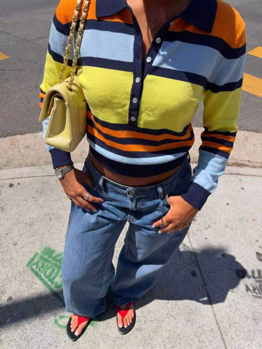 SEREN Autumn New Colorblock Striped Polo Collar Knit Sweater Women's Casual Commute Long Sleeve - Multicolor - View 1