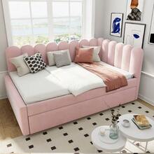 L-Shaped Upholstered Bed, 140x200 Cm Sofa Bed With Floral Backrest And Pull-Out Bed In Beige Velvet Fabric - Pink - View 4