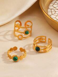3pcs Stainless Steel Minimalist Green Malachite Inlaid Star & Sun Ring Set, Suitable For Women's Daily And Holiday Wear - Multicolor - View 4