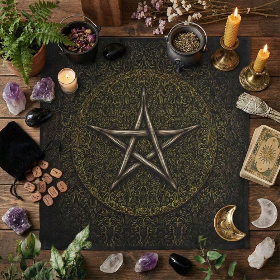 1pc Vintage Ornate Pentagram Tarot Cloth, Dark Retro Pattern Witch Altar Mat, Wiccan Pagan Divination Tablecloth Spiritual Decor Tapestry - Multicolor - View 1