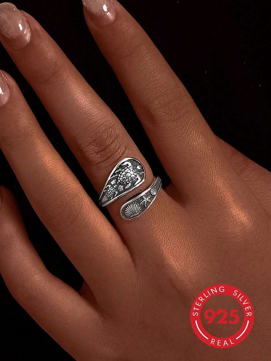 1pc Unique 925 Silver Resin Sea Turtle, Starfish & Shell Ring, Fashion Accessory For Women, Suitable For Vacation, Party, Wedding, Holiday Gift