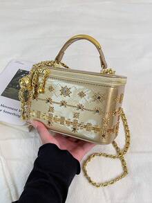 精緻珠飾刺繡圖案金屬手柄編織皮革金屬鍊條裝飾拉鍊開合復古優雅方型女款手提包 適合購物約會社交出遊 小包小眾氛圍感百搭手袋 - 金色 - 查看 7