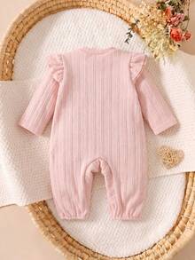 Set Baju Terusan Bayi Perempuan Baru Lahir Lengan Panjang dengan Tali Ruffle dan Dekorasi Bunga Rajutan 3D Warna Pink Bertekstur, Pakaian Pemotretan Bayi yang Manis - Berwarna merah muda - View 3