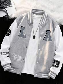 1pc Tween Boy Versatile Fashion Personalized Letter Print Colorblock V-Neck Fleece Jacket Autumn/Winter - Light Grey - View 8