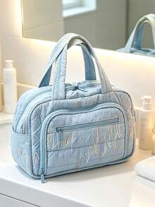 Embroidered Line Decor Large Capacity Multi-Compartment Water-Resistant Tote Bag With Zipper Closure, Casual Lazy Style Handbag, Suitable For Students, Office Workers, Travel, Daily Storage - Blue - View 5