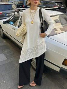 女款秋季波希米亞風長袖圓領不對稱下擺對比蕾絲飾邊針織面料上衣 - 白色 - 查看 1