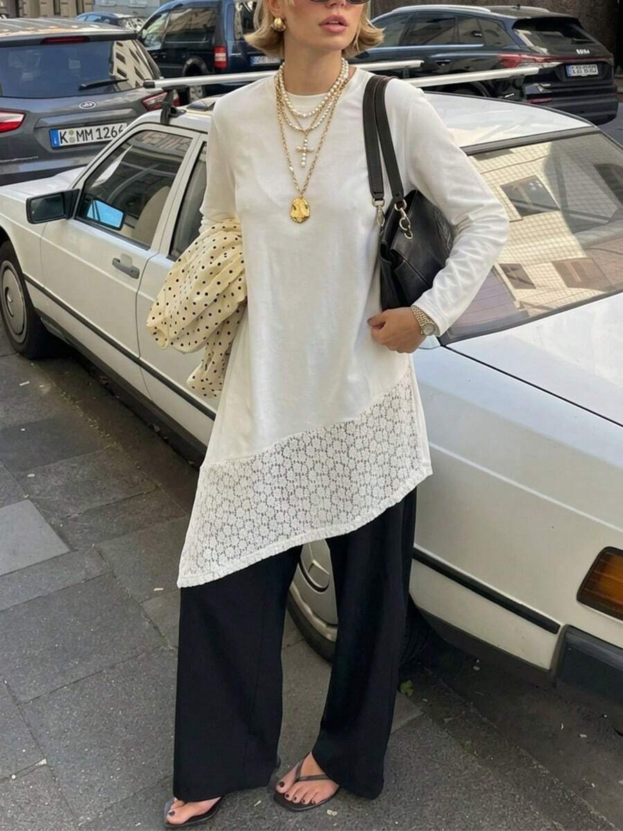 女款秋季波希米亞風長袖圓領不對稱下擺對比蕾絲飾邊針織面料上衣 - 白色 - 查看 1