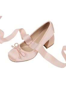 Women's Ballet High Heels Mary Janes Elegant Satin Lace Up Ballerina Chunky Heels Bow Knot Sweet Cute Party Date Versatile Shoes For Women - 杏色 - 查看 6