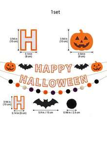 1 Set Happy Halloween Felt Banner Pumpkin Bat Pom Pom Garland Wall Hanging Decoration - View 3