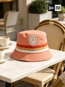 New Era Shield N Patch Bucket Hat, Street Style Coral Pink Striped Bucket Hat, Unisex Outdoor Sun Hat - Coral Orange - View 10