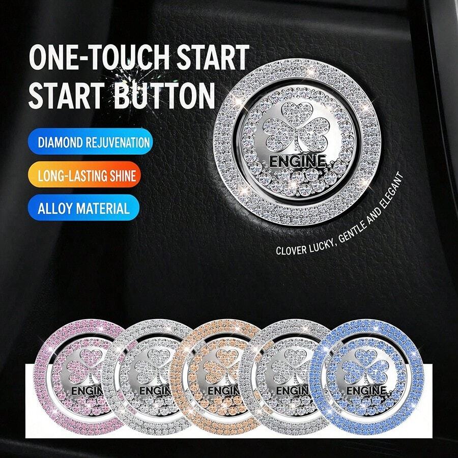 1pc Rhinestone Car One-Touch Start Button Protector/Clover Full Rhinestone Ignition Ring Button Decorative Sticker/Universal Sticker - Rhinestone Shamrock Sticker - View 1