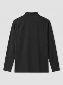 Men's Black Half-Zip Stand Collar Long Sleeve T-Shirt, Raglan Sleeve, Minimalist Commute Solid Color Basic Pullover Layering Base Top - Black - View 3
