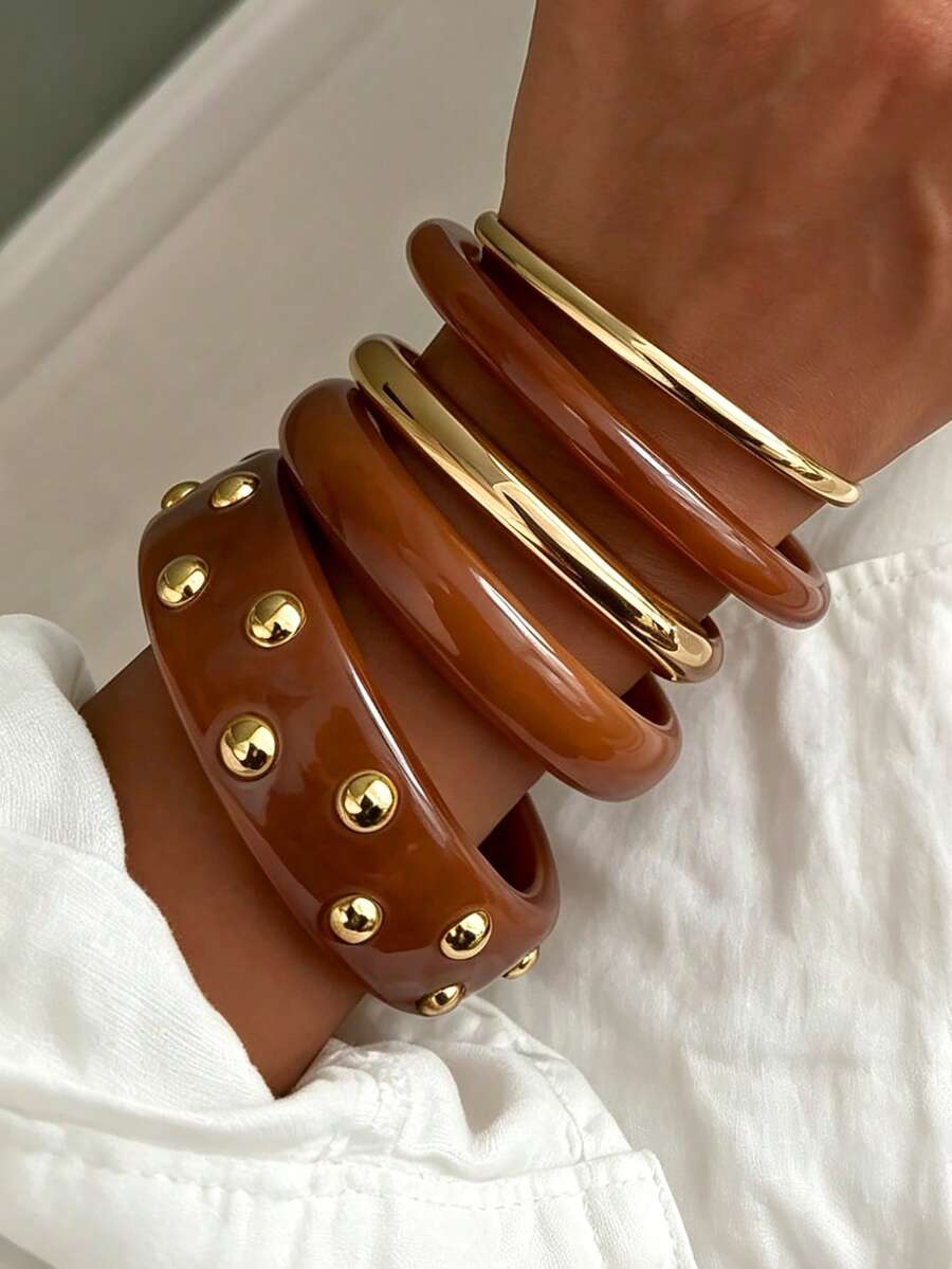 5 piezas/1 pieza Conjunto de brazalete de acrílico con remaches color ámbar y brazalete CCB elegante y casual vintage para mujer, adecuado para uso diario, fiestas, vacaciones, regalo festivo - Multicolor - Ver 1