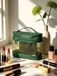 L'Occitane French Minimalist Green & White Makeup Bag, Polka Dot & Solid Color Multi-Purpose Storage Pouch, Suitable For Luxury Gifts & Daily Use, LOCCITANE‑GIFT-7 Makeup Bag - Green - View 1