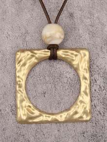 1pc Bohemian Style Exaggerated Bold 3D Textured Square Pendant With Quality Round Bead Necklace, Artistic Minimalist Wax Cord Long Sweater Chain, Niche Aesthetic Accessory, Christmas Halloween Gift For Best Friend, Girlfriend, Mother, Holiday Gift - Wax Rope - View 12
