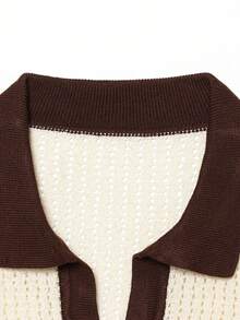 DEEKA Autumn/Winter New Women's European And American Style Fashion Minimalist Turn Collar Striped Knit Short Sleeve Sweater - Beige - View 5