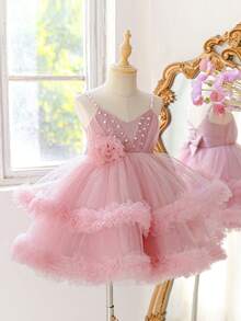 Young Girl Spaghetti Strap Beaded Lace Mesh Elegant Piano Ball Puff Princess Dress Suitable For Flower Girl Wedding Banquet Party Christmas Dress, Faux Pearl Randomly Studded - Dusty Pink - View 5