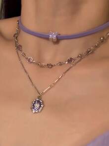 Kalung Bertingkat untuk Wanita, Gaya Manis & Keren, Rantai Kalung Choker Ungu Premium - Lilac Purple - View 1