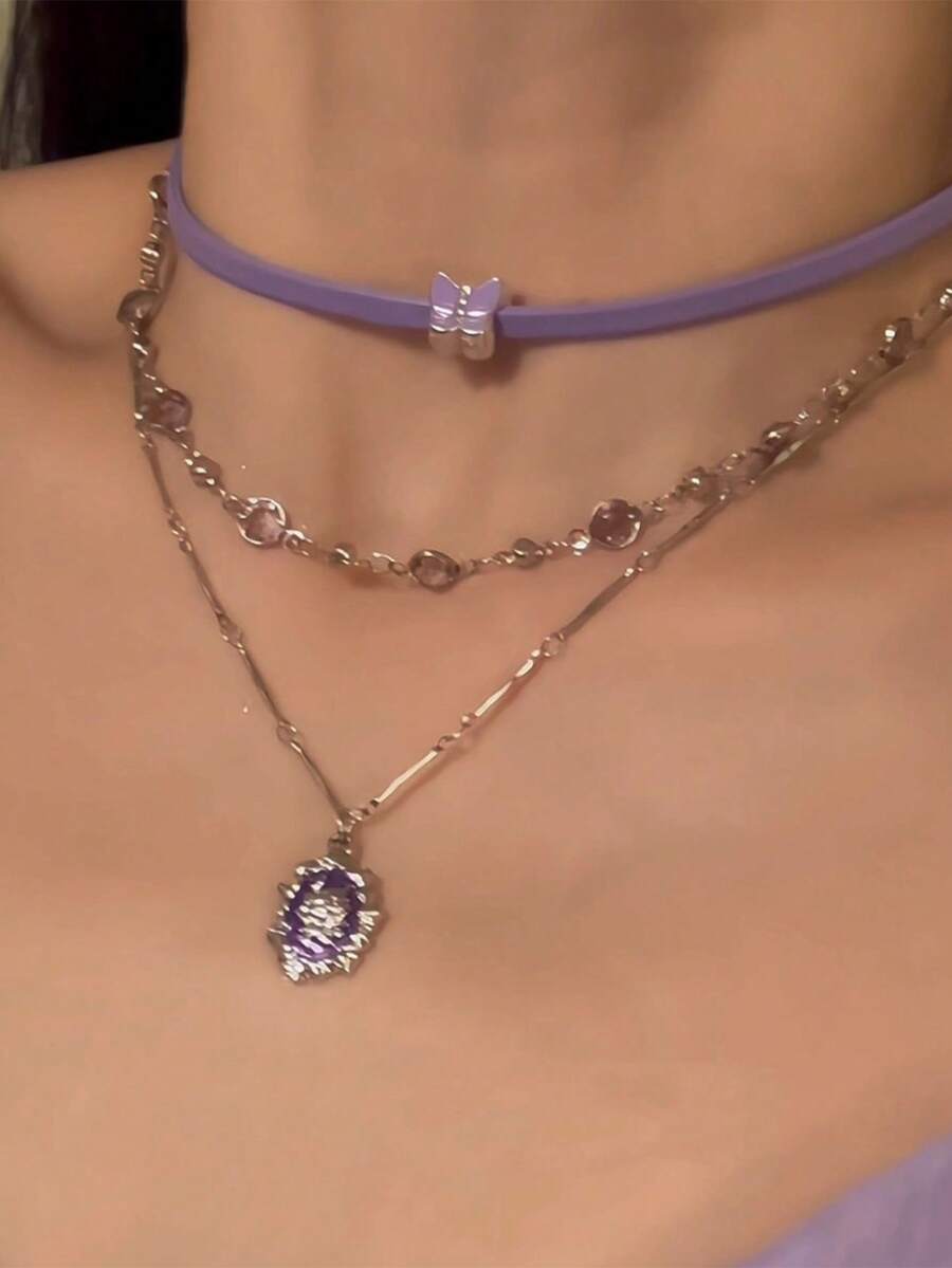 Kalung Bertingkat untuk Wanita, Gaya Manis & Keren, Rantai Kalung Choker Ungu Premium - Lilac Purple - View 1
