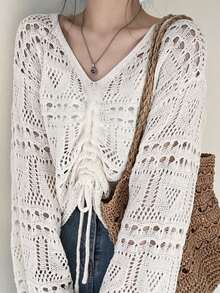 Hollow Out V-Neck Drawstring Cropped Long Knit Cover Up For Women, Random Patchwork White - White - View 1