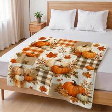 1pc Autumn Pumpkin Throw Blanket, Autumn Pumpkin Buffalo Plaid Maple Leaf Pattern Flannel Single-Sided Printed Blanket, Perfect For Holidays, Birthdays, Sofa And Home Decor - Multicolor - View 7