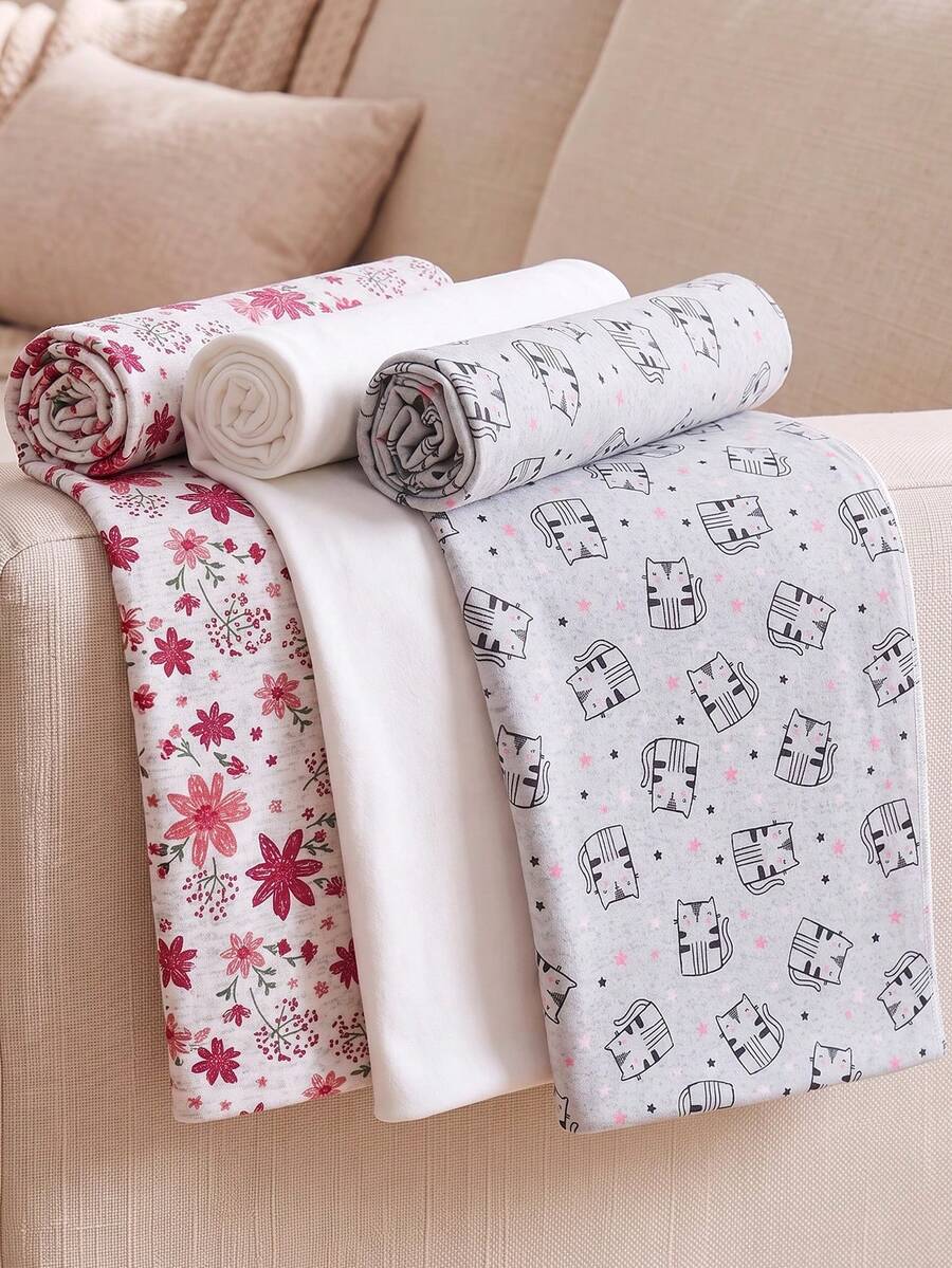 momscare 3 buah Selimut Bayi Motif Bunga Warna Polos, Kain Lembut dan Nyaman, Cocok untuk Bayi Baru Lahir, Selimut Bedong Tipis - MultiWarna - View 1