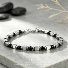 1pc Unisex Black Onyx & Matte Silvery Cube Bead Bracelet , Minimalist Sleek Stackable Jewelry, Gift For Women And Men - Black and White - View 2