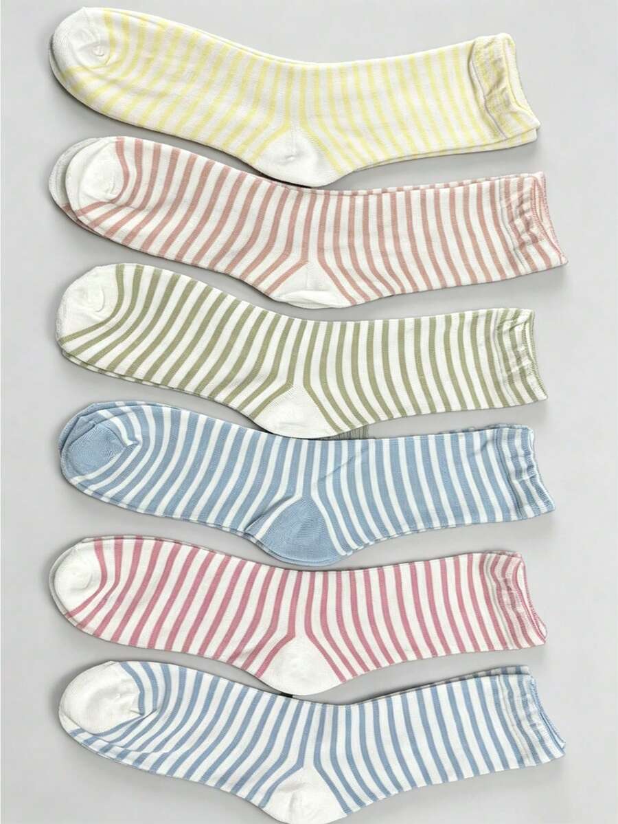 1/3/6 pares de calcetines a rayas multicolores, resistentes al olor y transpirables, de media pantorrilla, estilo lindo japonés & coreano inspirado en la escuela, versátiles y holgados - Multicolor - Ver 1