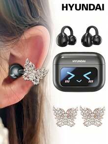 Earphone Bluetooth Jepit HYUNDAI M100 dengan Aksesori Kupu-kupu, Layar Warna Multifungsi dengan Kontrol Sentuh Cerdas, Panggilan HD Peredam Kebisingan HiFi, Musik, Bermain Game, Daya Tahan Baterai Lama, Tidak Perlu Tindik, Hadiah Perhiasan Telinga Modis untuk Wanita - Anting Kupu-kupu Multiwarna + Emas Mawar - View 13