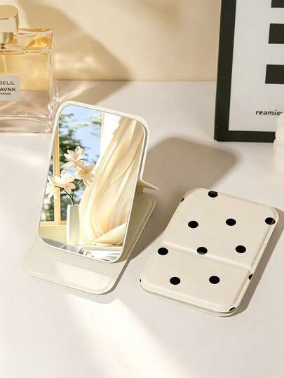 Nuevo espejo de maquillaje con lunares, plegable, lindo, espejo de escritorio de alto valor, espejo de maquillaje para dormitorio de estudiantes, espejo de maquillaje plegable portátil, espejo portátil de cuero PU, espejo de maquillaje plegable minimalista de unicolor de alta definición, adecuado para dormitorios de estudiantes y escritorios, se puede sostener con la mano o colocar, económico y asequible, adecuado para viajes, uso en el dormitorio y decoración del hogar, esencial para la vuelta a la escuela.