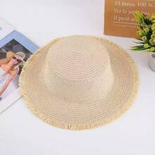 1pc Wide Brim Sun Protection Frayed Edge Cream Straw Woven Face-Slimming Outdoor Camping Travel Beach Hat - Women's Simple Straw Hat - View 5