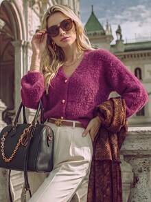 NiceArt Women's Vintage Fluffy Knit Cardigan Sweater, Long Sleeve Front Button Elegant Knit Jacket, Autumn Outfit, Daily Office, Halloween - Burgundy - View 7