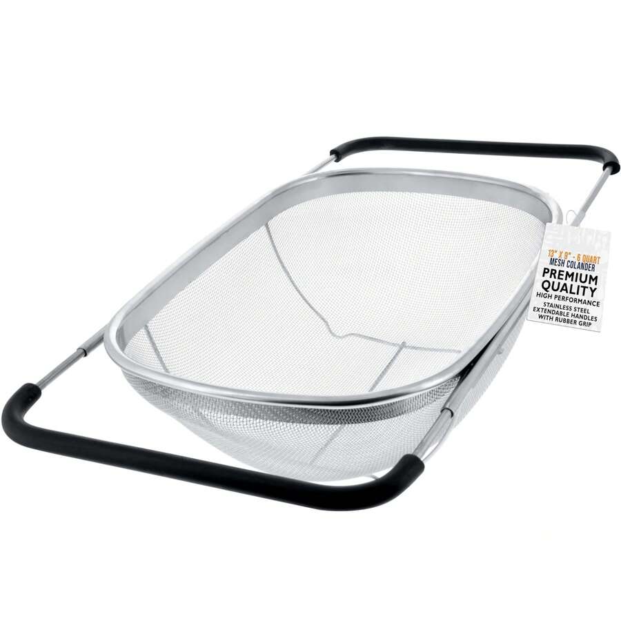 SANNAX Kitchen Supply Stainless Steel Colander Strainer - 6-Quart Collapsible Colander With Expandable Rubber Handles - Rectangular Sieve, Fine Mesh Stainless Steel Strainers And Colanders For Kitchen - View 1