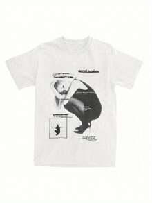 White Cotton Material T Shirt,Casual Fit,Eternal Sunshine Pattern Print,Printed With A Woman In A Squatting Position And Text Design,Fashionable Stree - 白色 - 查看 1