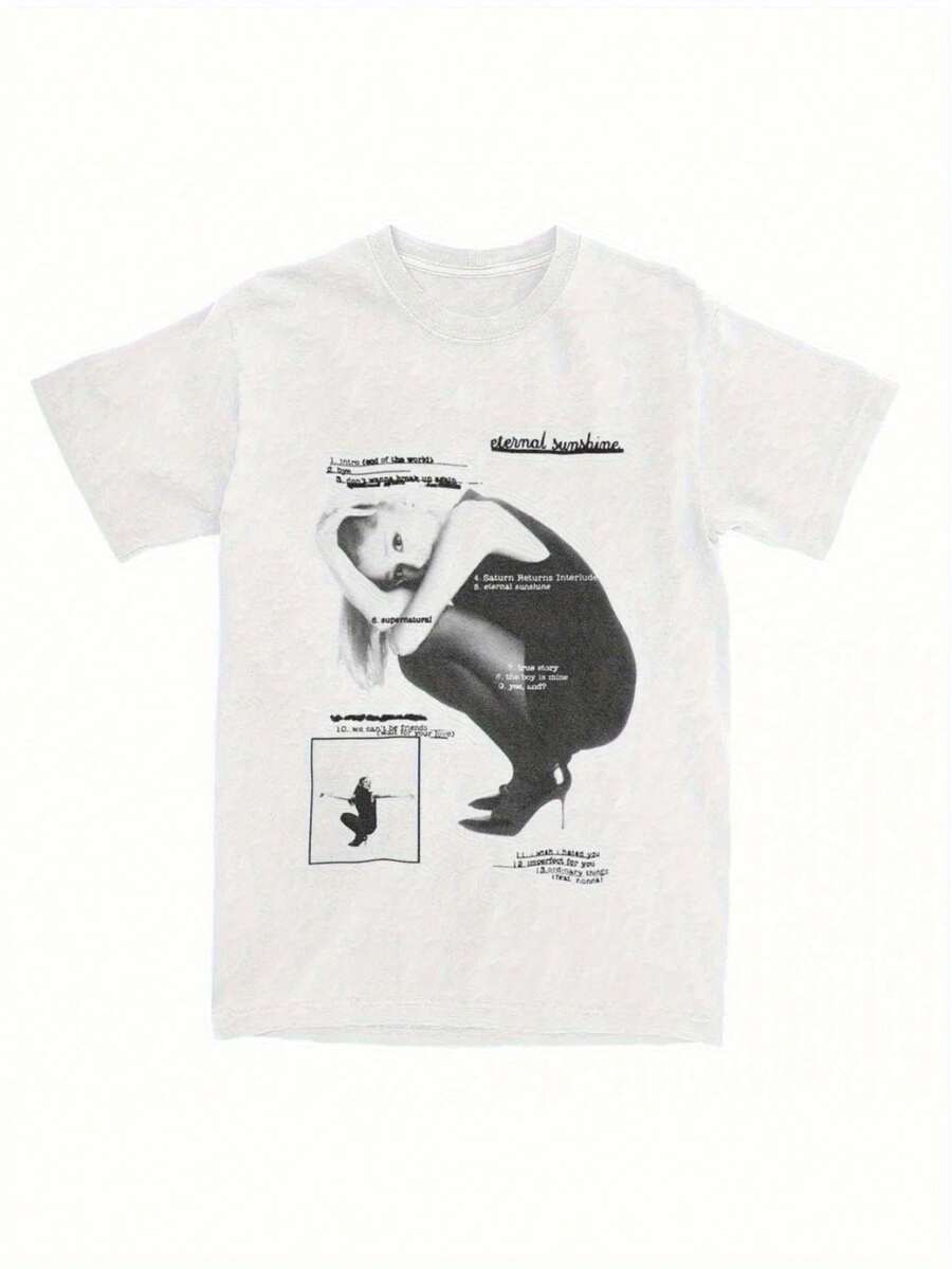 White Cotton Material T Shirt,Casual Fit,Eternal Sunshine Pattern Print,Printed With A Woman In A Squatting Position And Text Design,Fashionable Stree - 白色 - 查看 1