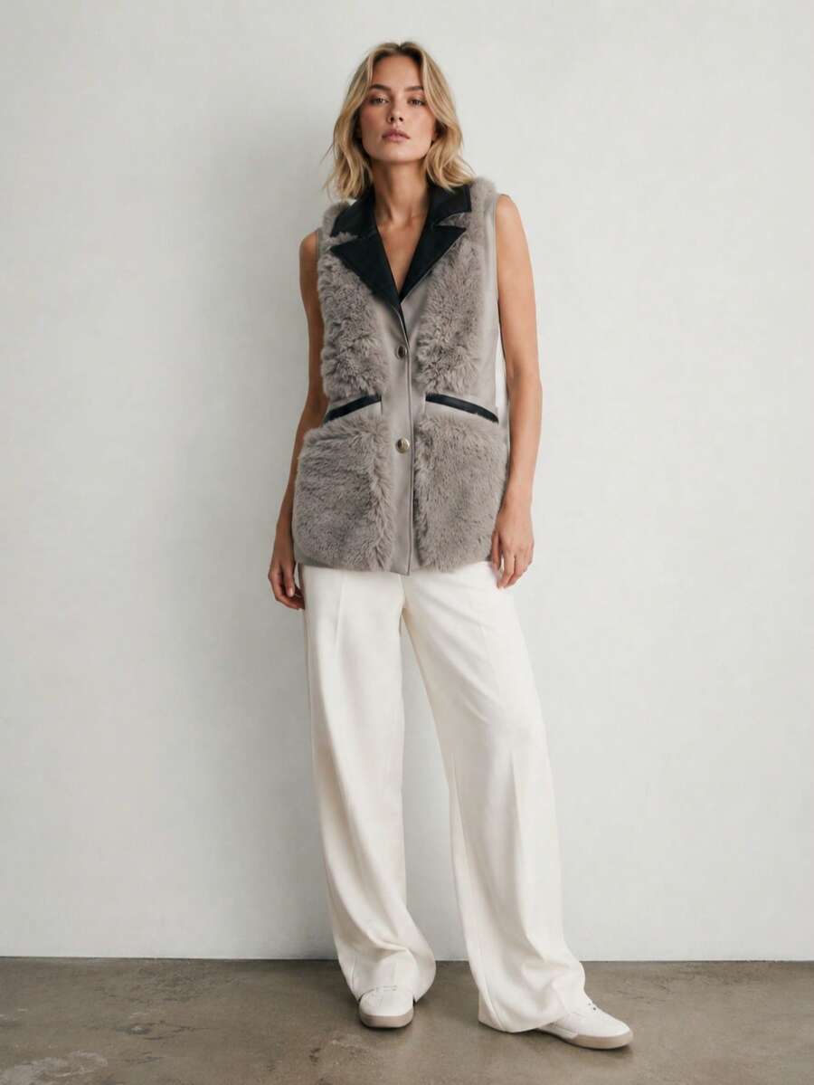 Vest With Collar. Snap Closure. Lined. 2 Pockets. Front Slightly Longer Than Back. Hip-Length. - Grey - View 1