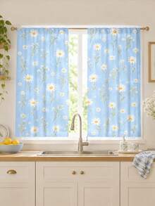 2Pcs Fresh Blue Daisy Curtains, Artistic Floral Print, Bedroom Kitchen Translucent Decorative Curtains - Multicolor - View 9