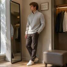 Men's Loose Half Zip High Collar Knit Sweater Long Sleeve Casual Everyday Top - Light Gray - View 2